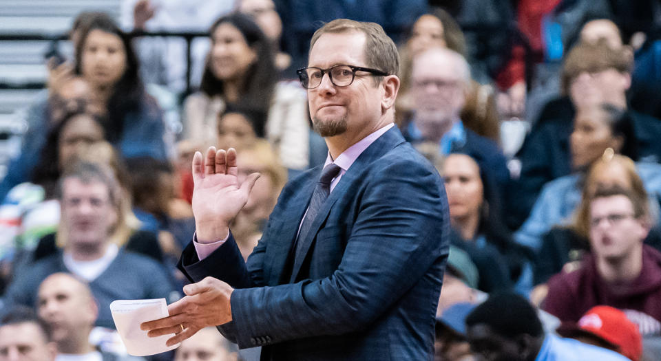 Oct 13, 2019; Toronto, Ontario, CAN; Toronto Raptors head coach Nick Nurse looks on against the Chicago Bulls during the fourth quarter at Scotiabank Arena. Mandatory Credit: Kevin Sousa-USA TODAY Sports