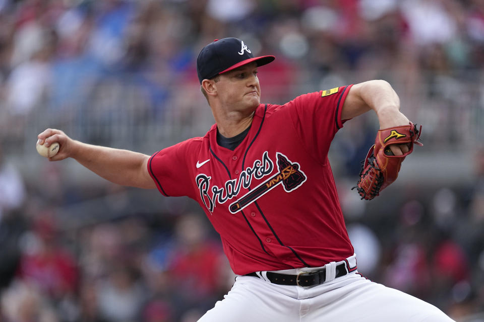 Atlanta Braves starting pitcher Michael Soroka works against the Miami Marlins during the first inning of a baseball game Friday, June 30, 2023, in Atlanta. (AP Photo/John Bazemore)