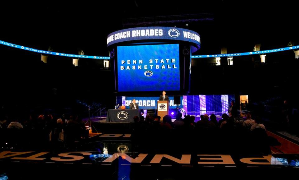 Penn State’s new men’s basketball coach Mike Rhoades answers questions during his introductory press conference at the Bryce Jordan Center on Thursday, March 30, 2023.