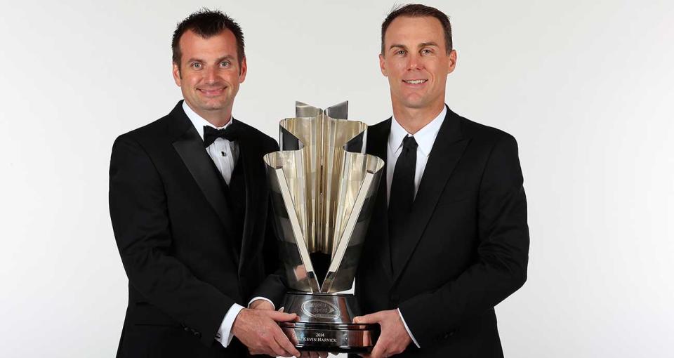 Stewart-Haas Racing crew chief Rodney Childers with Kevin Harvick and the 2014 championship trophy