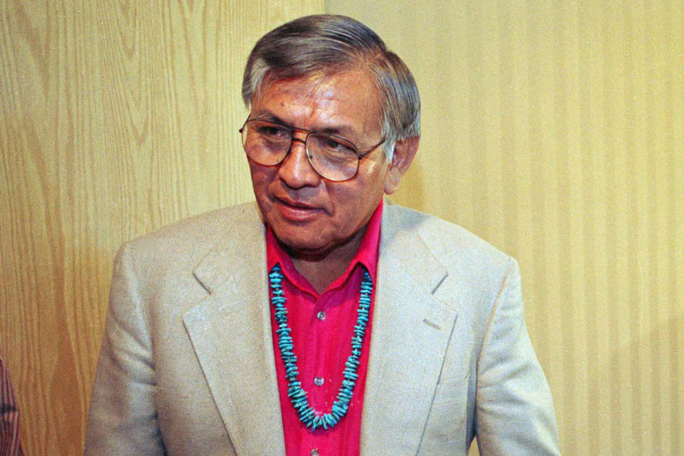 FILE - Navajo President Peterson Zah is pictured following a news conference after speaking with state health officials in Window Rock, Ariz., June 2, 1993, about the epidemic affecting mainly young Navajos. Zah, a monumental Navajo Nation leader who guided the tribe through a politically tumultuous era and worked tirelessly to correct wrongdoings against Native Americans, has died. He died late Tuesday, March 7, 2023, at a hospital in Fort Defiance , Arizona, after a lengthy illness, Navajo President Buu Nygren's office said. He was 85. (AP Photo/Eric Draper, File)