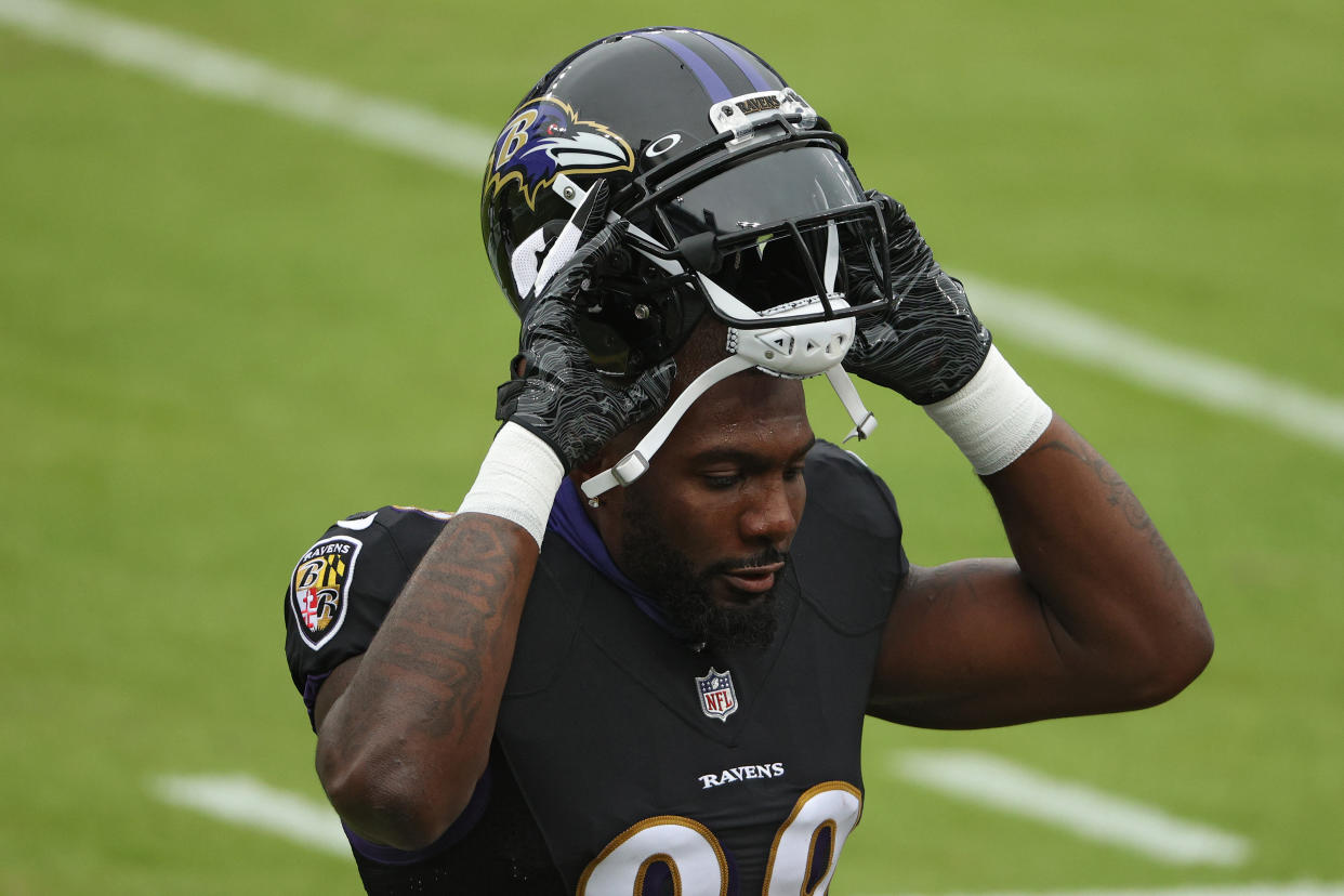 Wide receiver Dez Bryant #88 of the Baltimore Ravens looks on before playing against the Tennessee Titans at M&T Bank Stadium on November 22, 2020 in Baltimore, Maryland. (Photo by Patrick Smith/Getty Images)