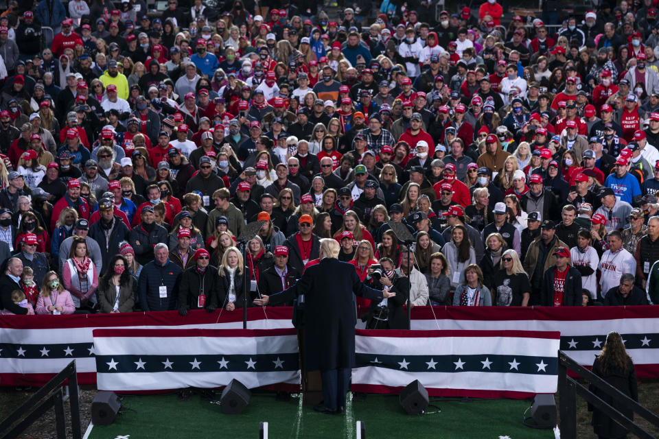 FILE-This Saturday, Oct. 24, 2020 file photo shows President Donald Trump speaking during a campaign rally at Pickaway Agricultural and Event Center, in Circleville, Ohio. Trump's second decisive victory in Ohio has put the traditional bellwether's status as a must-win battleground state in doubt. Democrat Joe Biden's victory will make him the first president elected without carrying Ohio since JFK in 1960. (AP Photo/Evan Vucci, File)