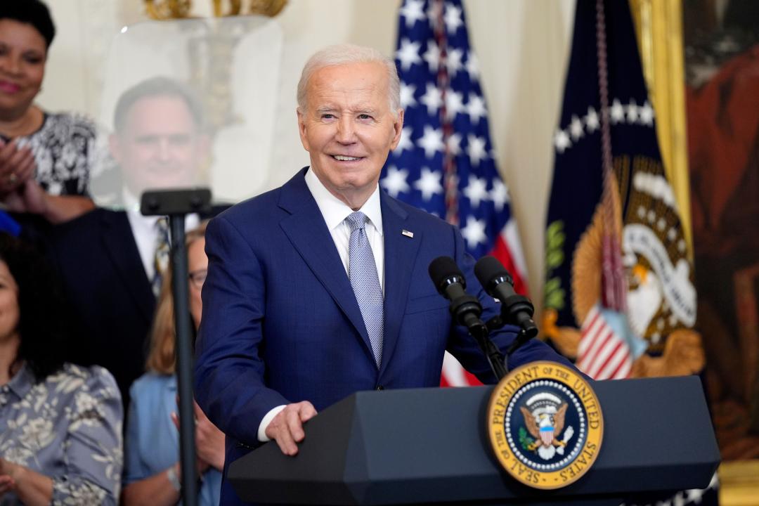 President Joe Biden speaks during an event to celebrate the 2023 WNBA champion Las Vegas Aces, in the East Room of the White House, Thursday, May 9, 2024, in Washington. (AP Photo/Evan Vucci)