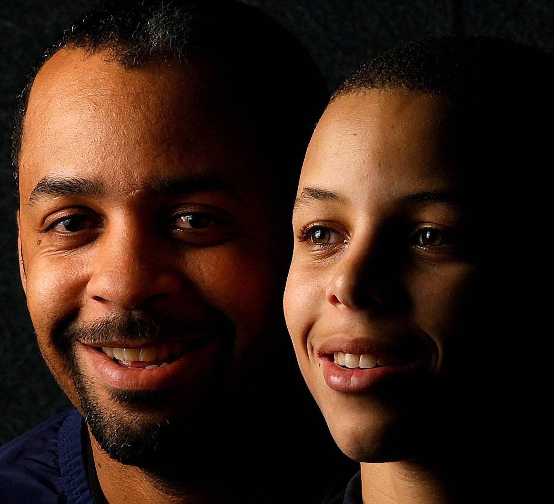 In early 2004, 15-year-old Steph Curry -- then a high school player at Charlotte Christian -- posed with his dad Dell Curry (left) for The Charlotte Observer.