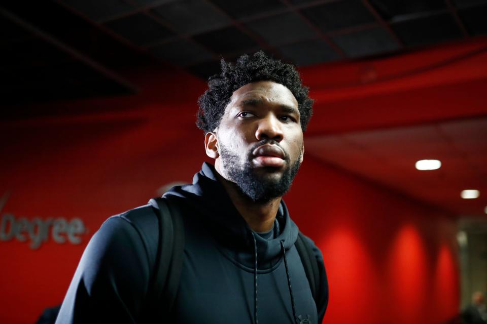 TORONTO, CANADA - APRIL 29: Joel Embiid #21 of the Philadelphia 76ers arrives prior to a game against the Toronto Raptors before Game Two of the Eastern Conference Semifinals of the 2019 NBA Playoffs on April 29, 2019 at the Scotiabank Arena in Toronto, Ontario, Canada.  NOTE TO USER: User expressly acknowledges and agrees that, by downloading and or using this Photograph, user is consenting to the terms and conditions of the Getty Images License Agreement.  Mandatory Copyright Notice: Copyright 2019 NBAE (Photo by Mark Blinch/NBAE via Getty Images)