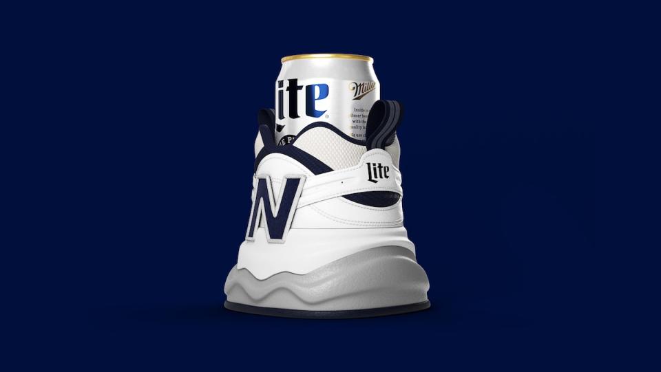 A white sneaker like beer coozie with a can of Miller Lite inside