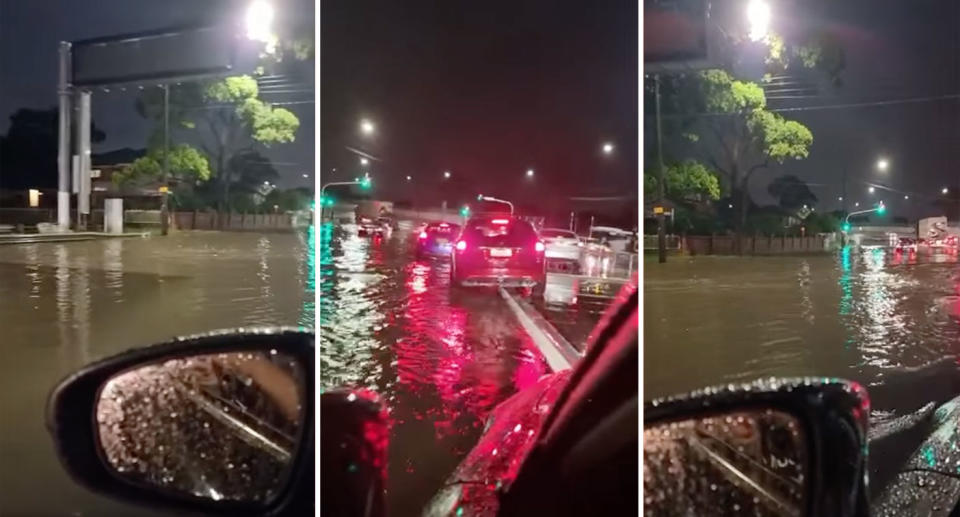 Pictured is Stacy Street in Bankstown which was completely flooded overnight.