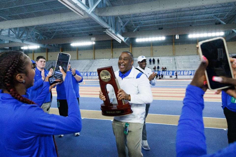 Kentucky cross country and track and field head coach Lonnie Greene celebrated after the UK women’s team finished third at the 2022 NCAA indoor championships in March.