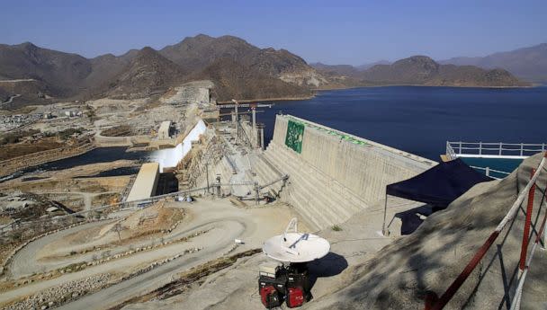 PHOTO: The Grand Ethiopian Renaissance Dam, a massive hydropower plant on the River Nile that neighbors Sudan and Egypt, as the dam started to produce electricity, Feb. 19, 2022, in Benishangul-Gumuz, Ethiopia. (Anadolu Agency via Getty Images)