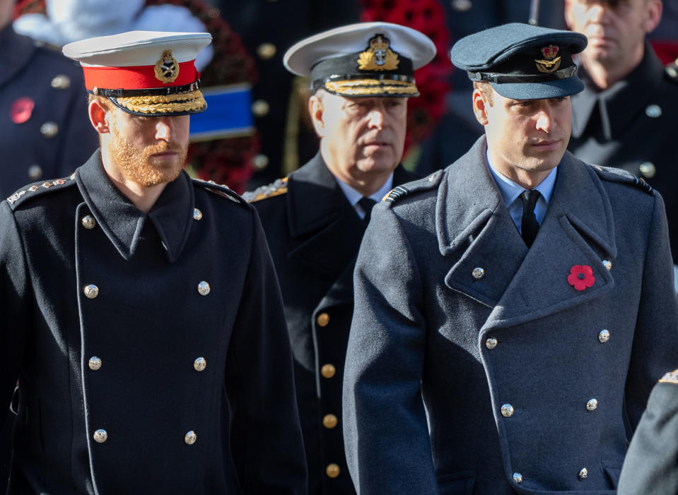 Prince Harry, Prince William and Prince Andrew during the annual Remembrance Sunday memorial at the Cenotaph on November 11, 2018 in London, England