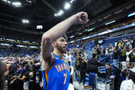 Oklahoma City Thunder forward Chet Holmgren (7) celebrates as he walks off the court after defeating the New Orleans Pelicans in Game 4 of an NBA basketball first-round playoff series in New Orleans, Monday, April 29, 2024. The Thunder won 97-89 to sweep the series and advance to the second round. (AP Photo/Gerald Herbert)