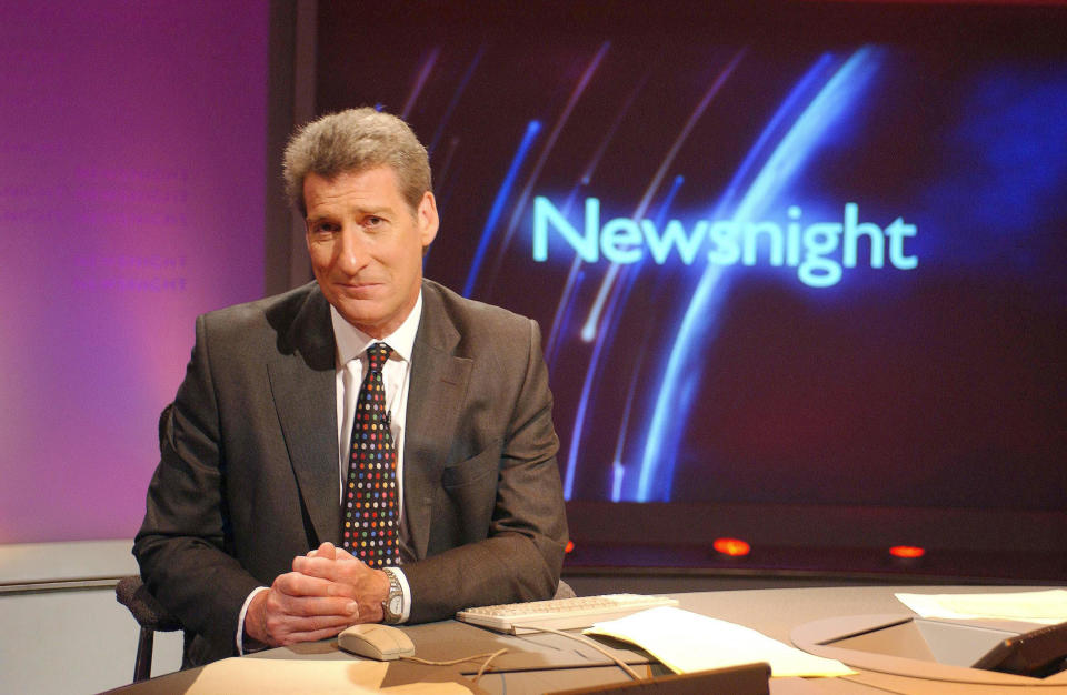 Newsnight presenter Jeremy Paxman dated 24 June 2002 on the new Newsnight set, Jeremy Paxman has criticised plans by the corporation's management to cut its news and current affairs budget by 15% The Newsnight presenter said he did not understand how the BBC could justify the cuts when it was spending millions of pounds moving staff out of London.The cuts are part of a reorganisation of the corporation ordered by director general Mark Thompson requiring every part of the BBC to make 15% cuts. . (Photo by Jeff Overs/BBC News & Current Affairs via Getty Images)