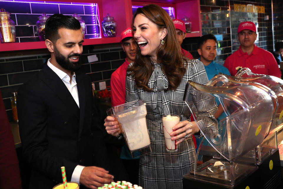 BRADFORD, ENGLAND - JANUARY 15: Catherine, Duchess of Cambridge helps make Kulfi milkshakes at MyLahore on January 15, 2020 in Bradford, United Kingdom. MyLahore is a British Asian restaurant chain which has taken inspiration from Lahore, the Food Capital of Pakistan. The Duke and Duchess visited Lahore during their recent tour to Pakistan. (Photo by Chris Jackson/Getty Images)