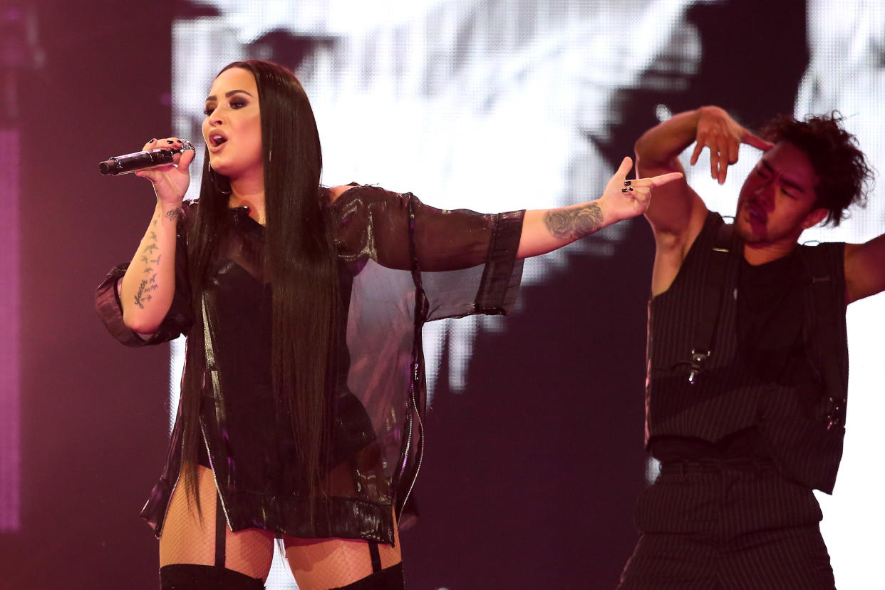 LONDON, ENGLAND - JUNE 25:  Demi Lovato performs live on stage at The O2 Arena on June 25, 2018 in London, England.  (Photo by Simone Joyner/Getty Images)