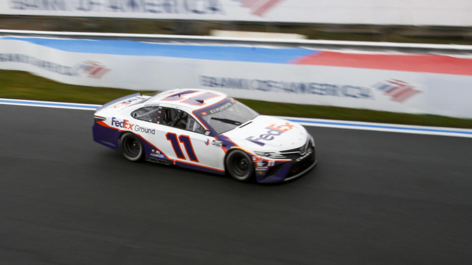 Denny Hamlin (11) competes in a NASCAR Cup Series auto race at Charlotte Motor Speedway in Concord, N.C., Sunday, Oct. 11, 2020. (AP Photo/Nell Redmond)