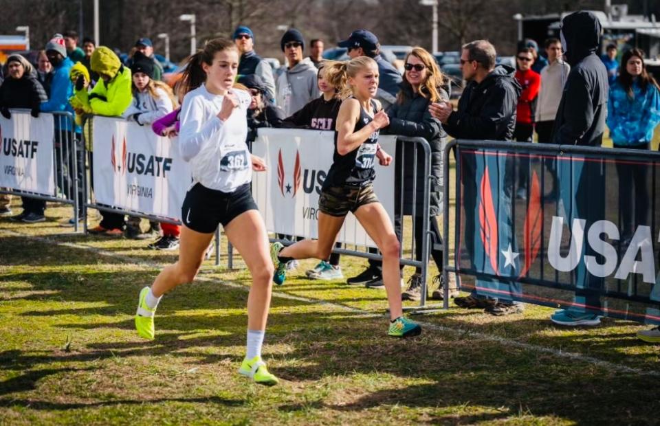 Cornwall High's Karrie Baloga (l) and fellow Colorado commit Abbey Nechanicky of Minnesota race to the finish line at the USATF U20 Women's National Cross-Country Championship Jan. 21 in Virginia.