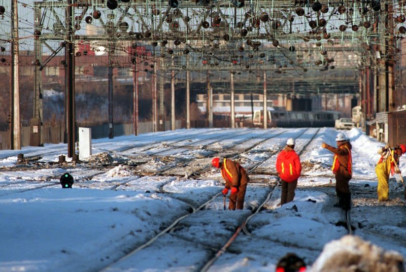 Amtrak routes in the Northeast are being affected by winter weather, which can bring mechanical and electrical problems for snowbound railroads (such as pictured in the Washington, D.C., area in 1996). File Photo by Ken Cedeno/UPI