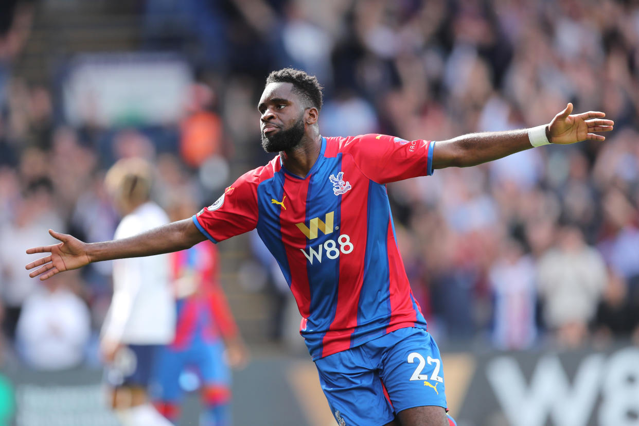 Odsonne Edouard of Crystal Palace celebrates after scoring their side's third goal.