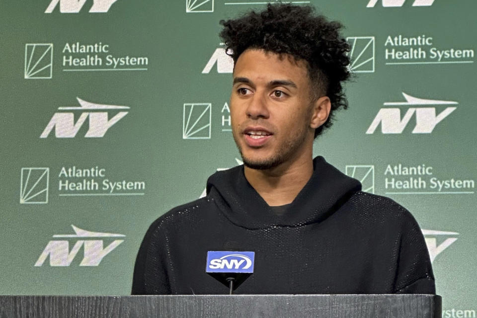 New York Jets quarterback Jordan Travis speaks to reporters during the team's rookie minicamp in Florham Park, N.J., on Saturday, May 4, 2024. (AP Photo/Dennis Waszak Jr.)