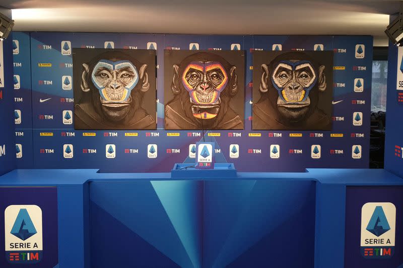 An anti-racism campaign artwork by Italian artist Simone Fugazzotto featuring three side-by-side paintings of apes is presented by Italian soccer league Serie A during a news conference in Milan