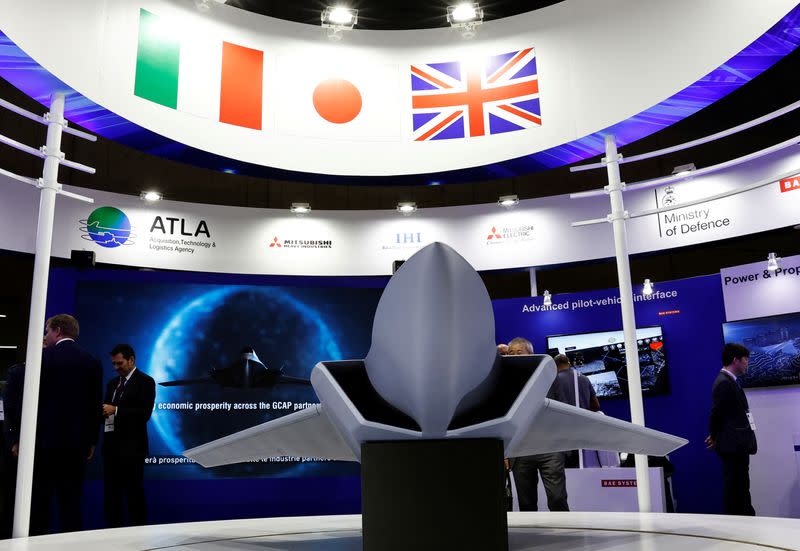 A concept model of the Global Combat Air Programme (GCAP)'s fighter jet is displayed at the DSEI Japan defense show at Makuhari Messe in Chiba