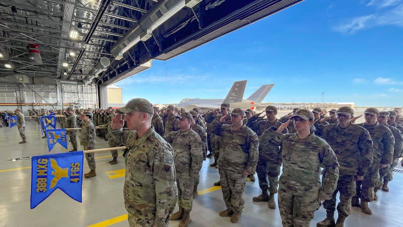 Air Force personnel salute as Col. Michael L. Gette assumes command of the 388th Fighter Wing and the base’s F-35A Lightning II flying unit during a change of command ceremony at Hill Air Force Base on Thursday, June 22, 2023.