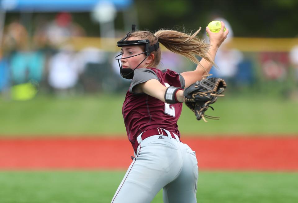 Oriskany's Juliet Tagaliaferri (2) delivers a pitch in the NYSPHSAA Class D semifinal against Argyle at Moriches Athletic Complex in Moriches on Saturday, June 11, 2022.