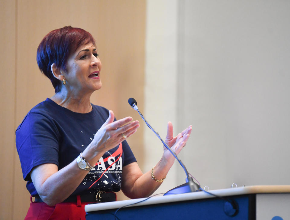 Shayla Rivera, former NASA rocket scientist, left, speaks during the opening of National Child Passenger Safety Week with the Texas Department of Transportation (TxDOT) at University Health Women's & Children's Hospital in San Antonio on Monday, Sept. 16, 2024. The National Highway Traffic Safety Administration says nearly half of all child safety seats in cars are installed incorrectly. The campaign aims to encourage parents to have their child safety seats checked.