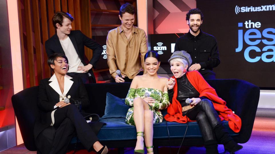 LOS ANGELES, CALIFORNIA - DECEMBER 06: Mike Faist, Ansel Elgort, David Alvarez, Ariana DeBose, Rachel Zegler and Rita Moreno attend SiriusXM's Town Hall with the Cast of "West Side Story" Hosted By SiriusXM's Jess Cagle at the SiriusXM Studios on December 06, 2021 in Los Angeles, California. (Photo by Vivien Killilea/Getty Images for SiriusXM)