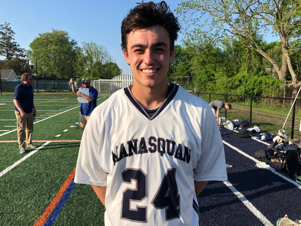 Manasquan junior midfielder Robert Pendergist talks to the Asbury Park Press following his team's 9-8 win over CBA on May 17, 2021.