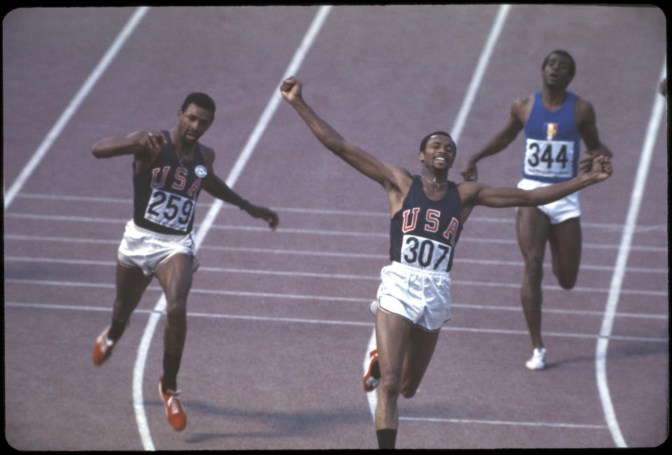 12-27 OCT 1968:  Tommie Smith (307) of the US wins the gold medal in the 200m and John Carlos (259) finishes 3rd at the Olympics in Mexico City, Mexico. Smith set a world record a time of 19.83 seconds...Photo:  © Rich Clarkson / Rich Clarkson & Associates