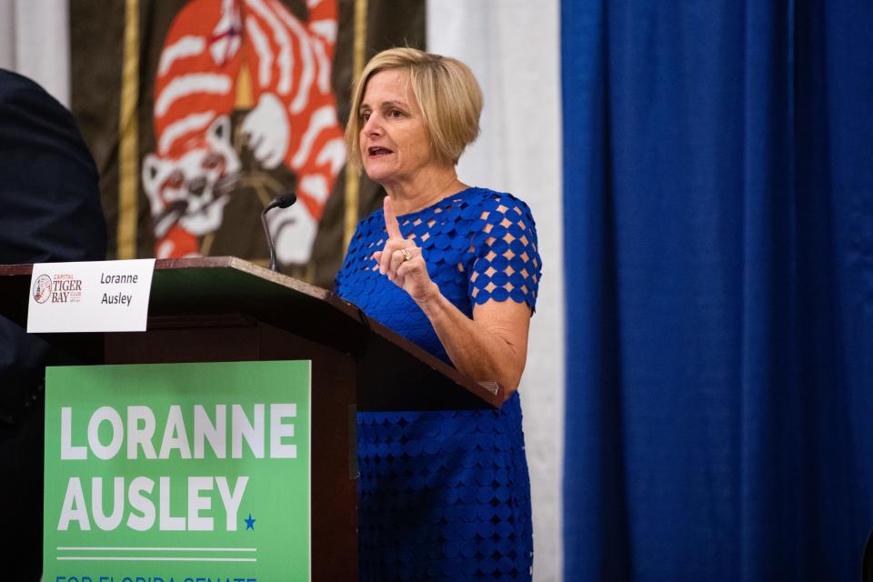 Sen. Loranne Ausley responds to a question posed by debate moderator Gary Fineout as she debates her Senate District 3 opponent Corey Simon on Monday, Oct. 3, 2022.