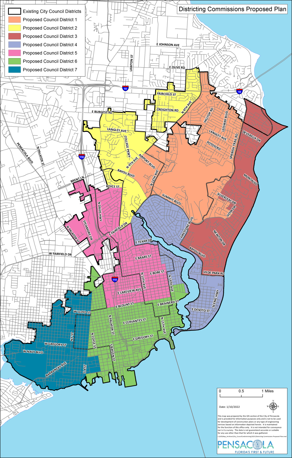 A map shows the new proposed Pensacola City Council districts. The old districts boundaries are shown as black lines.