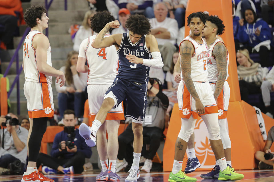 Duke guard Tyrese Proctor (5) celebrates a basket after he is fouled during the first half of an NCAA college basketball game against Clemson in Clemson, S.C., Saturday, Jan. 14, 2023. (AP Photo/Artie Walker Jr.)