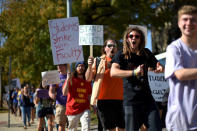 West Chester University students demonstrate with university employees from the union representing 5,500 Pennsylvania university and college employees after failing to reach a contract deal with the state education system in West Chester, Pennsylvania, U.S., October 19, 2016. REUTERS/Mark Makela