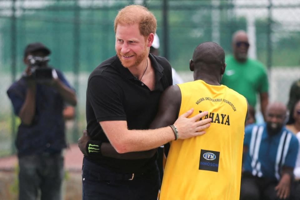 Britain's Prince Harry, Duke of Sussex attends a volleyball match played with wounded army veterans, at the Nigerian army officers' mess in Abuja, Nigeria May 11, 2024.