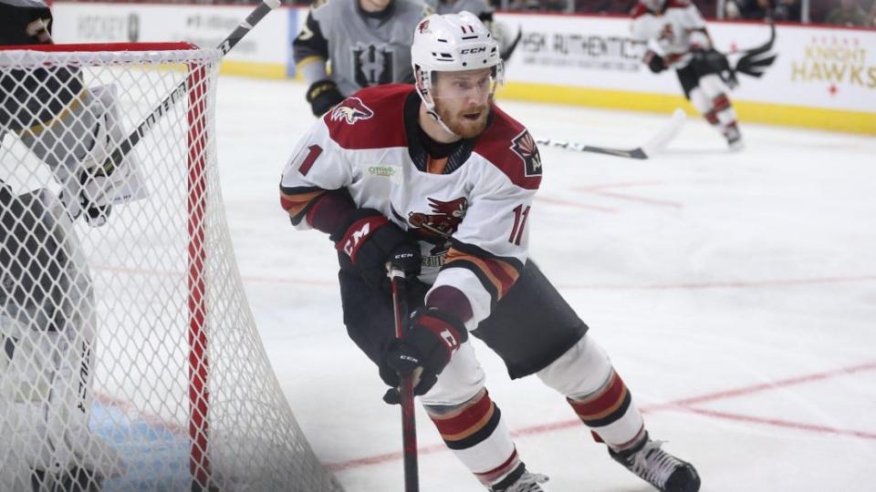 Roadrunners forward Colin Theisen plays in his second game for the Tucson Roadrunners against the Henderson Silver Knights in Las Vegas on March 25, 2022.