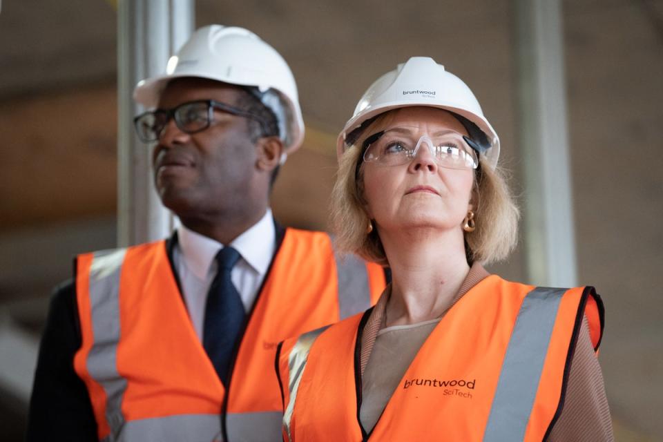 Former prime minister Liz Truss and ex-chancellor Kwasi Kwarteng during a visit to a construction site for a medical innovation campus in Birmingham (Getty)