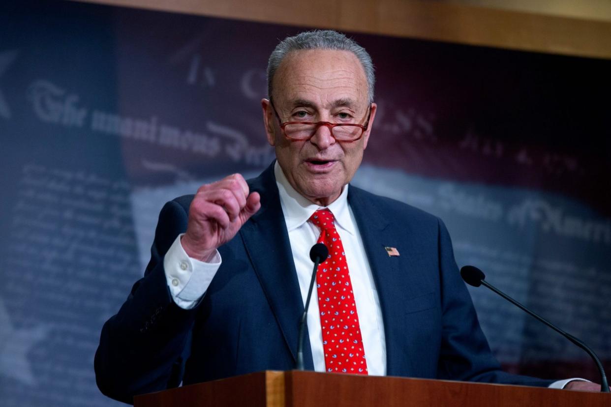 Mandatory Credit: Photo by Shutterstock (10593676da)United States Senate Minority Leader Chuck Schumer (Democrat of New York) speaks during a news conference at the United States Capitol.