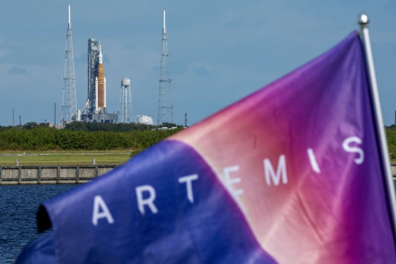 The Artemis Flag waves as NASA's Artemis 1 on Launch Pad 39b at the Kennedy Space Center in Florida in 2022. The Artemis program is intended to bring a man and other scientific instruments to the surface of the moon.  Those objectives and Artemis' timeline for manned lunar missions could be affected, with space company Astrobotic saying its missions had an issue.  File photo by Pat Benic/UPI