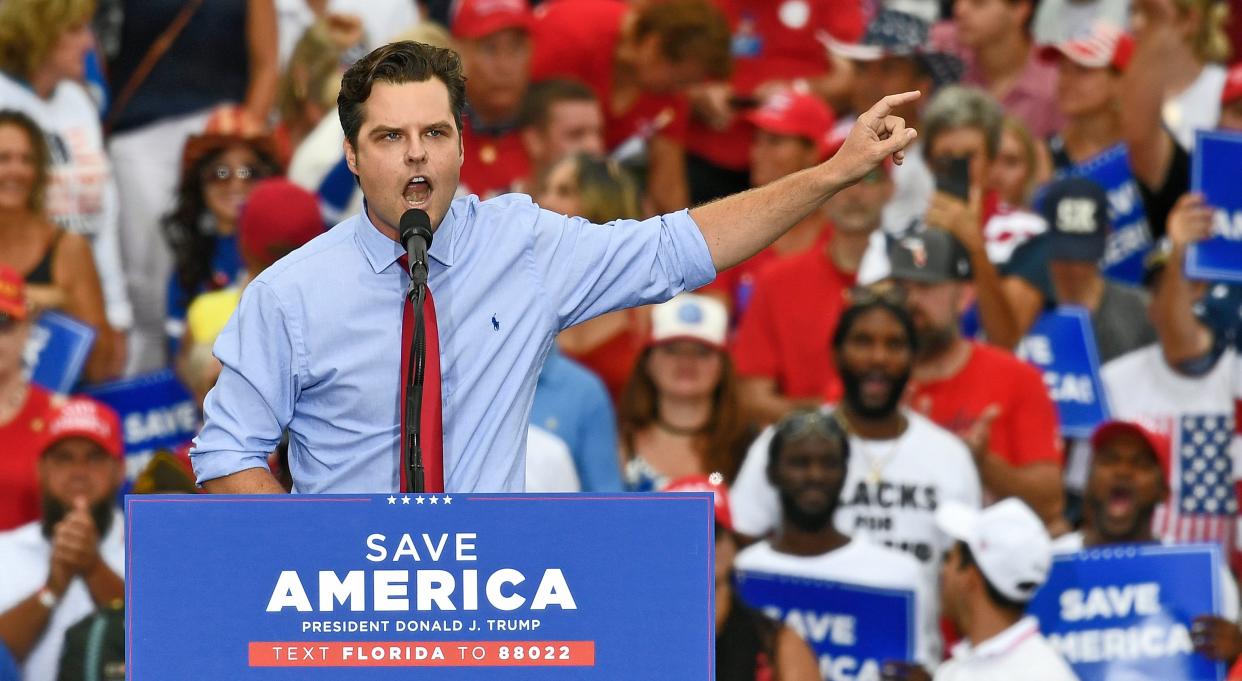 Republican U.S. Rep. Matt Gaetz gives a speech at a Trump rally in Sarasota on July 4, 2021.