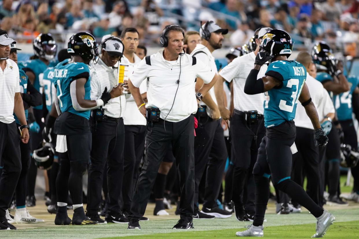 Aug 14, 2021; Jacksonville, FL, USA; Jacksonville Jaguars head coach Urban Meyer walks the sideline in the third quarter against the Browns at TIAA Bank Field. Mandatory Credit: Matt Pendleton-USA TODAY Sports