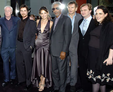 Premiere: Michael Caine, Christian Bale, Katie Holmes, Morgan Freeman, Liam Neeson, director Christopher Nolan and producer Emma Thomas/contrib>at the Hollywood premiere of Warner Bros. Pictures' Batman Begins - 6/6/2005 Photo: Lester Cohen, WireImage.com