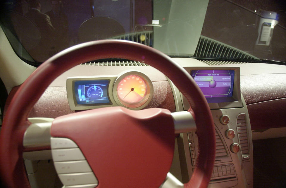 FILE - In this Sunday, Jan. 6, 2002, file photo, an interior view of the Etimos console by Johnson Controls of Grand Rapids, Mich, is unveiled at the North American International Auto Show in Detroit. (AP Photo/Carlos Osorio, File)