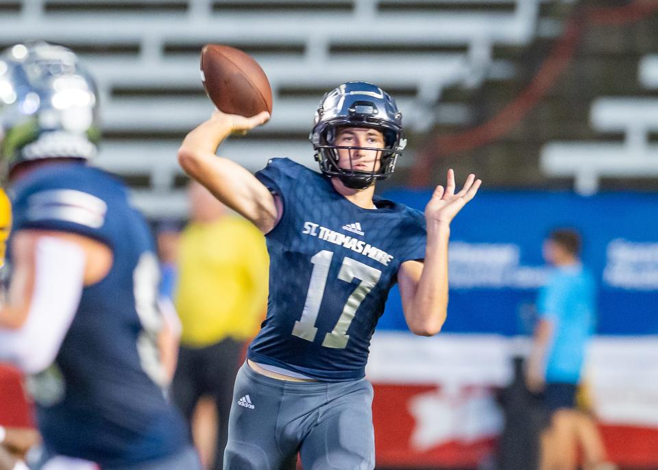 Quarterback Sam Altman 17 as STM takes on Cecelia in the 2022 Kiwanis Jamboree at Cajun Field. Friday, Aug. 26, 2022.