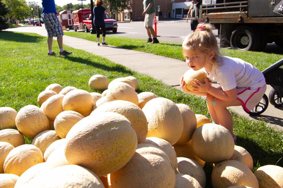 3-year-old Olive Selesky of Howell, having already selected a melon for herself for the melon roll, picks out another for her cousin Quinn Beckett Saturday, Aug. 14, 2021, at the Howell Melon Festival.