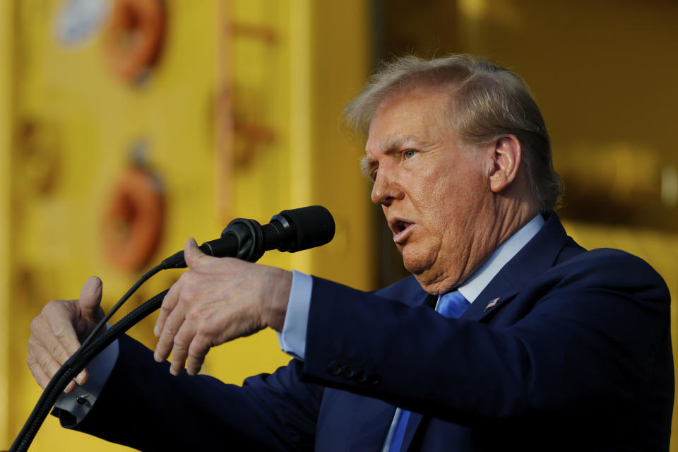 Former President Donald Trump gives remarks during a campaign event held at Trendsetter Engineering, Thursday, Nov. 2, 2023, in Houston. (AP Photo/Michael Wyke)