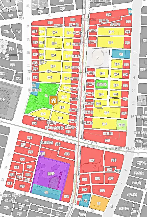 赤峰商圈和南西心中山商圈的土地使用分區以住四、商三、商三特等為主。翻攝台北市地理資訊e點通