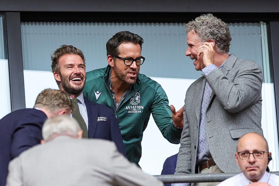 Ryan Reynolds, David Beckham and Will Ferrell during the FA Trophy FInal match between Bromley and Wrexham FC at Wembley Stadium, London